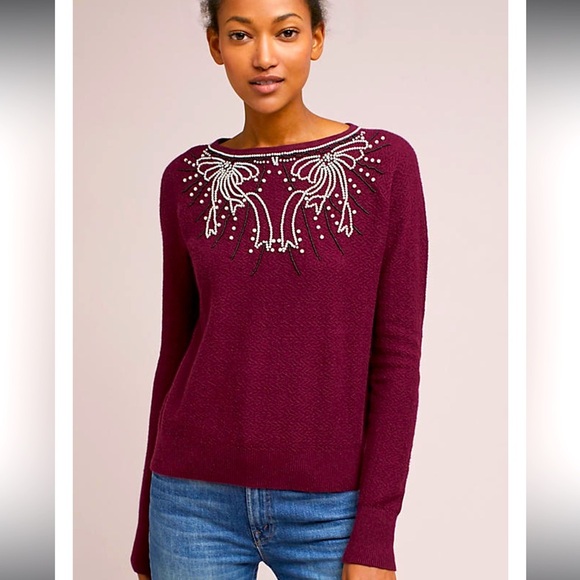 Anthropologie Sweaters - ANTHROPOLOGIE Beaded Pearl Bow Pullover Cardigan Sweater Embellish Field Flower